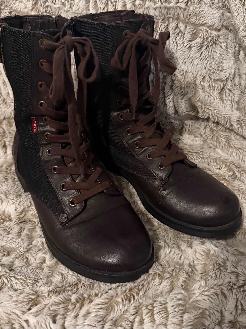 Levi’s Women Dark Brown Denim and Faux Leather Lace-Up Combat Boots